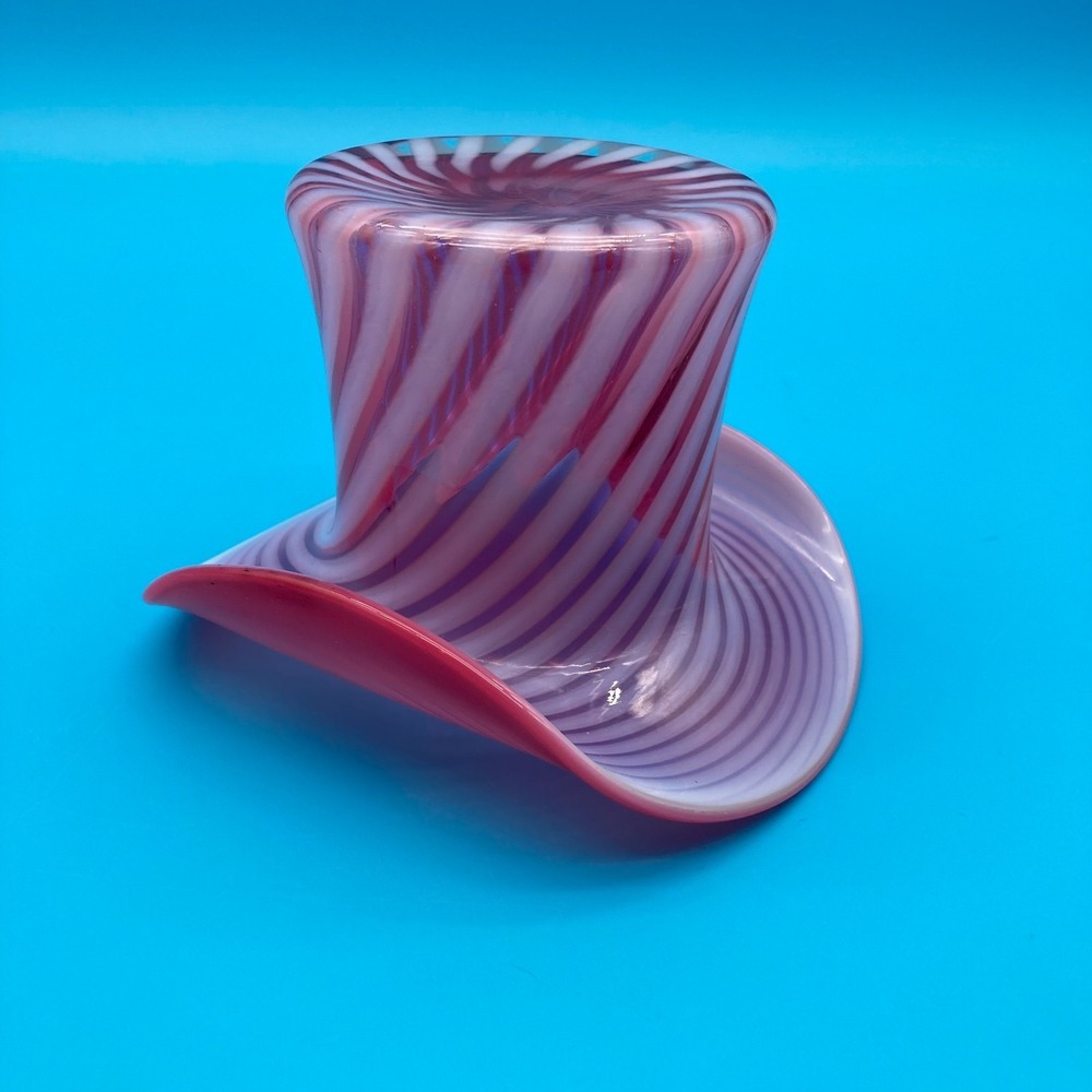 Large 6" Vtg Fenton Cranberry Opalescent Spiral Optic Top Hat Vase Pink Ruffled